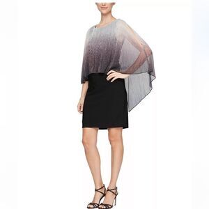 SL FASHIONS Women's Shimmer-Popover Sheath Dress size 16 New black and silver